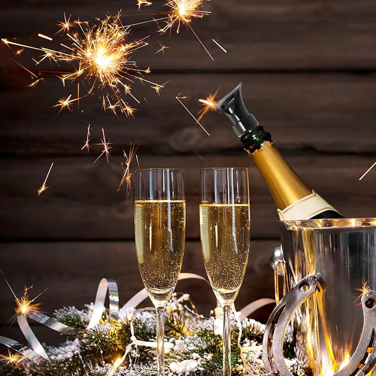Champagnergläser, Flasche im Eiskübel, Wunderkerzen und festliche Dekorationen schaffen eine festliche Atmosphäre.
