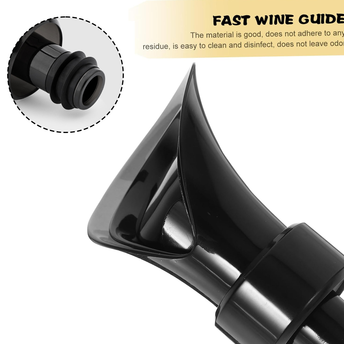 Nahaufnahme eines schwarzen Weinausgießers und eines Flaschenverschlusses. Der Ausgießer hat ein gebogenes Design. Text: Fast Wine Guide.