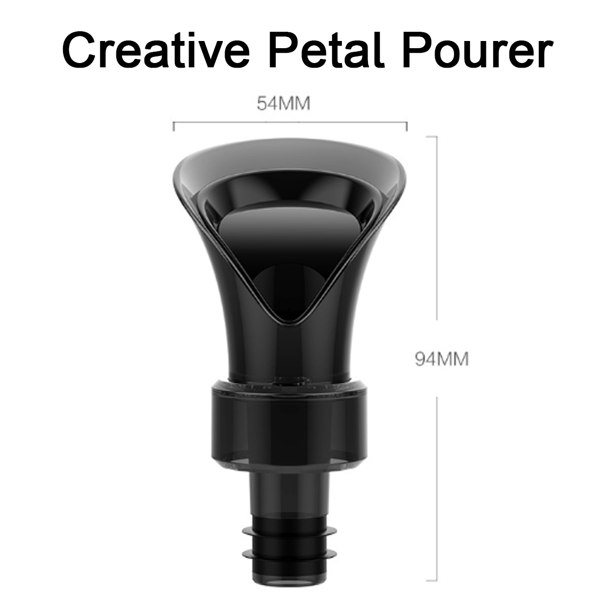 Ein schwarzer Kunststoff-Creative-Petal-Ausgießer mit den Maßen 54 mm und 94 mm. Der Ausgießer ist für Flaschen konzipiert.