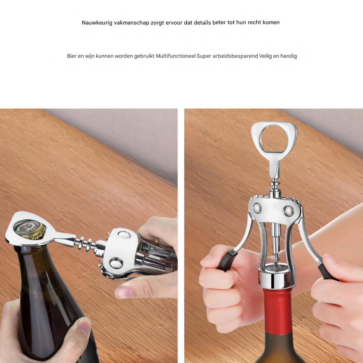 Eine Person benutzt einen Flaschenöffner, um eine Bierflasche zu öffnen. Eine andere Person benutzt einen Korkenzieher, um eine Weinflasche zu öffnen.