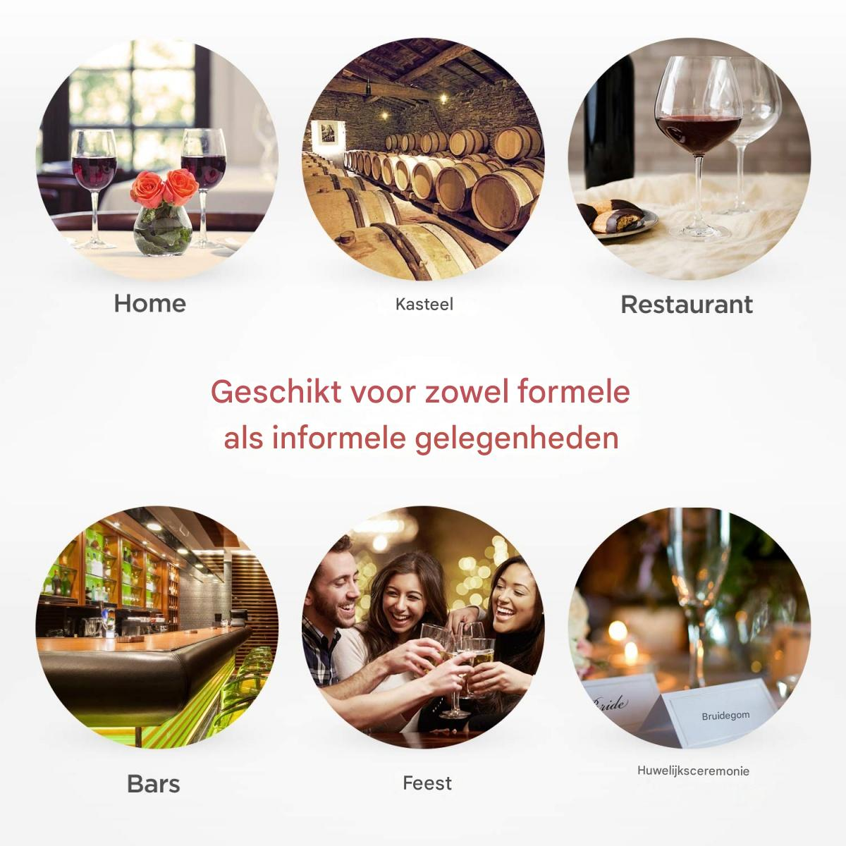 Das Bild zeigt Szenen von Zuhause, Schloss, Restaurant, Bars, Party und Hochzeit. Weingläser und feiernde Menschen sind zu sehen.