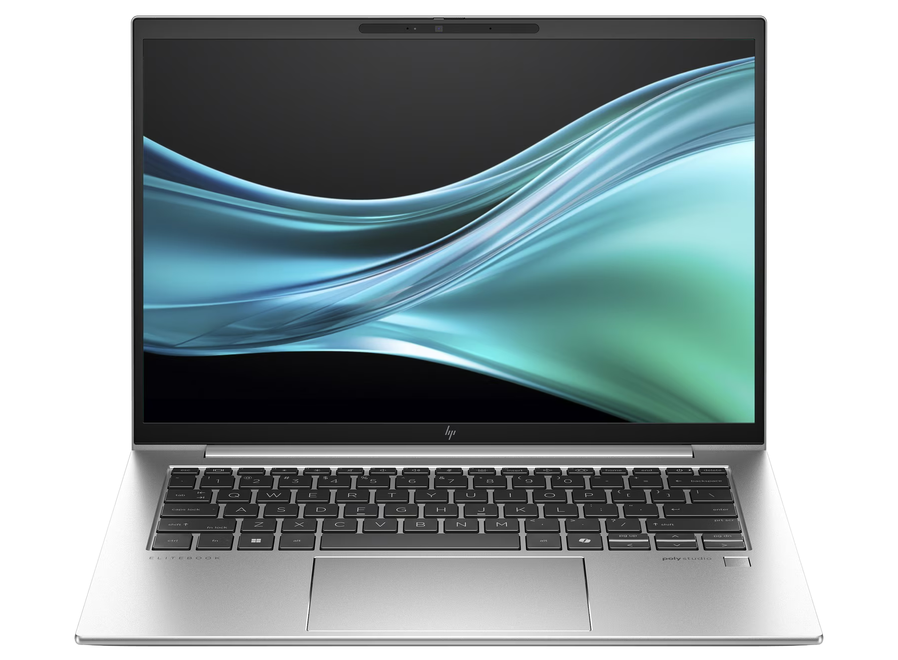 Silberner Laptop, geöffnet, zeigt ein fließendes blaues und grünes abstraktes Design. Tastatur sichtbar. HP-Logo unten.
