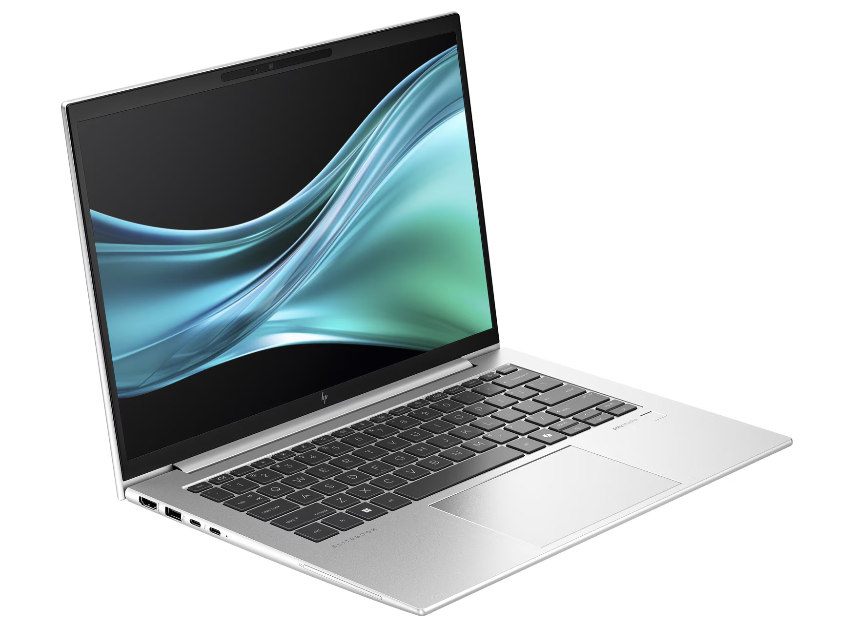 Silberner HP EliteBook Laptop vor weißem Hintergrund. Der Bildschirm zeigt blaues und grünes abstraktes Design. Tastatur sichtbar.