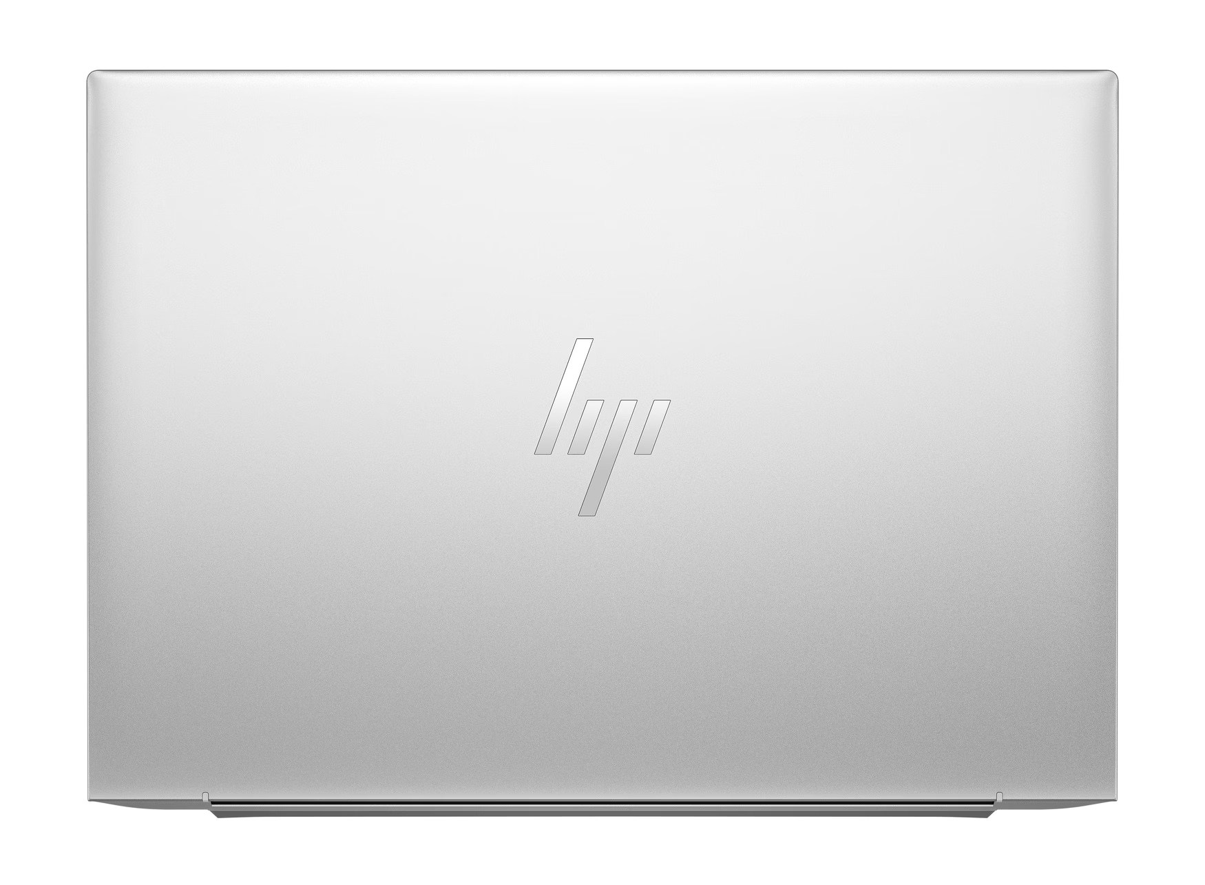 Silberner Laptopdeckel mit HP-Logo in der Mitte. Der Deckel ist geschlossen und zeigt eine glatte, metallische Oberfläche.