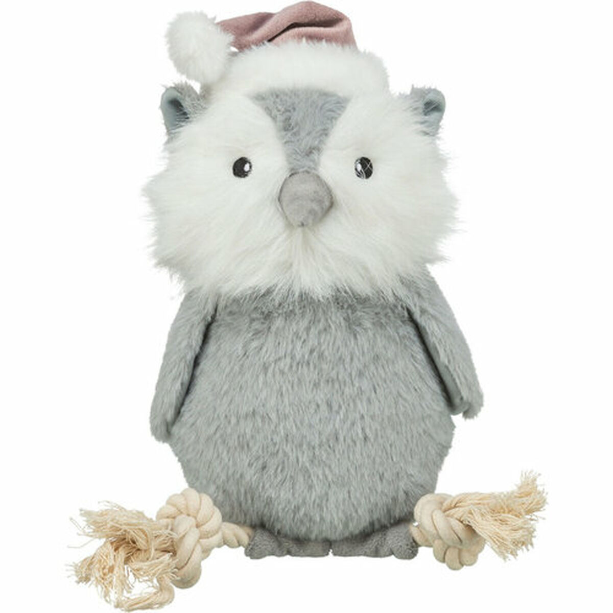 Un gufo di peluche con un cappello rosa e un petto bianco e soffice. Ha due giocattoli di corda. Il gufo è grigio e bianco.