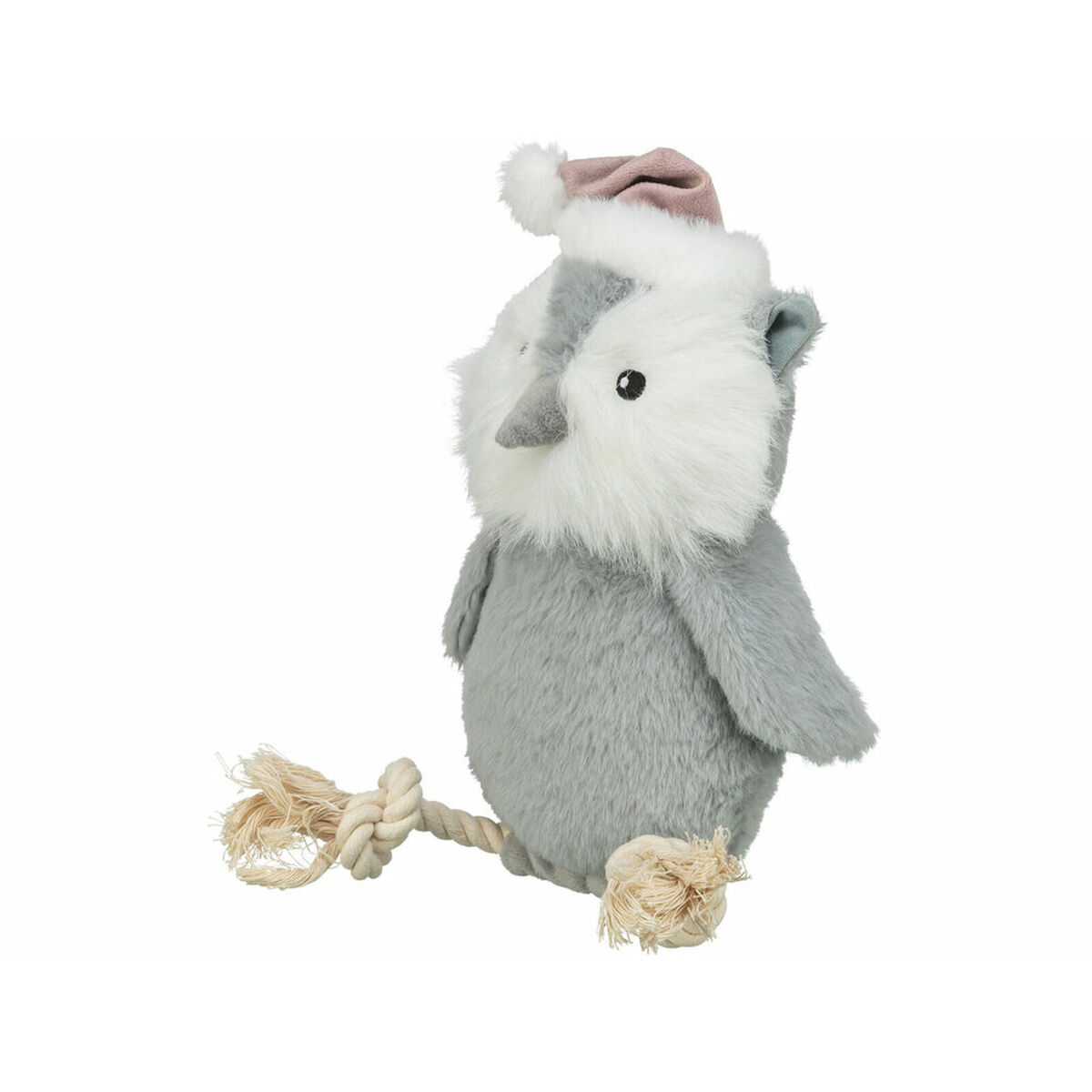 Un pinguino di peluche con un cappello rosa e un pompon bianco. Ha una corda attaccata al corpo. Il pinguino è grigio e bianco.