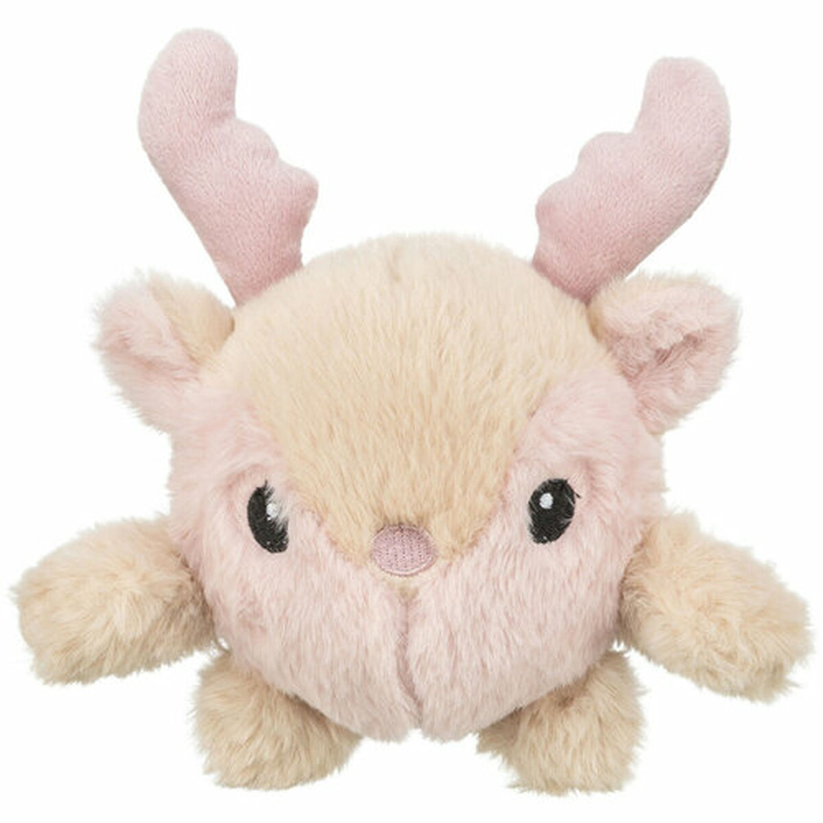 Un peluche a forma di renna con pelo marrone chiaro, corna rosa, orecchie e dettagli del viso e occhi neri. Su sfondo bianco.