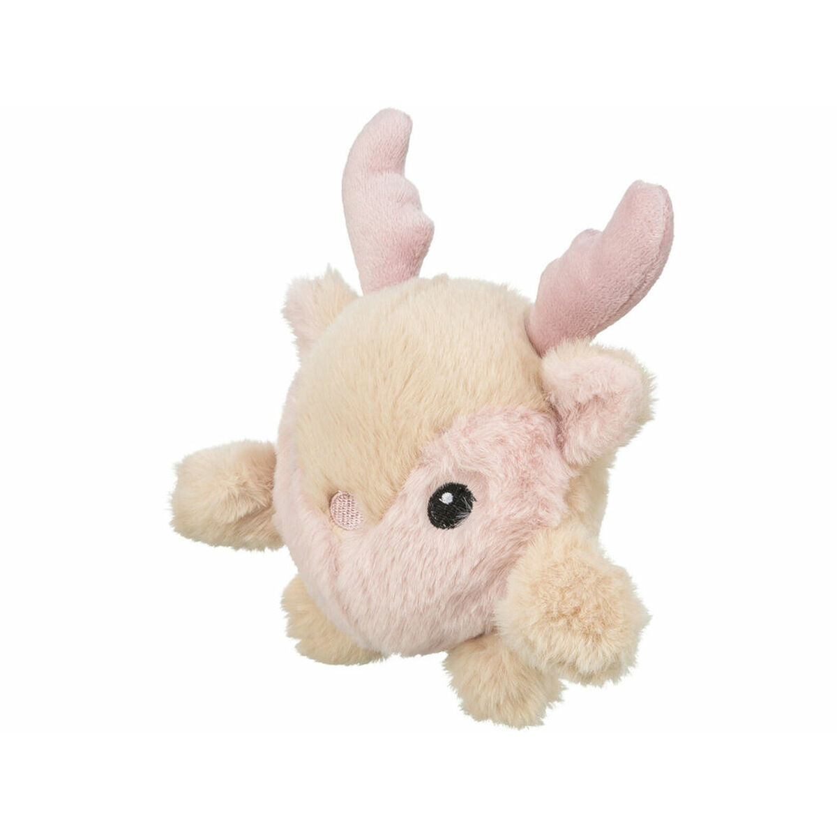 Un peluche a forma di renna con corna, viso e zampe rosa. Il corpo è color crema chiaro. Ha un occhio nero e una piccola toppa rosa.