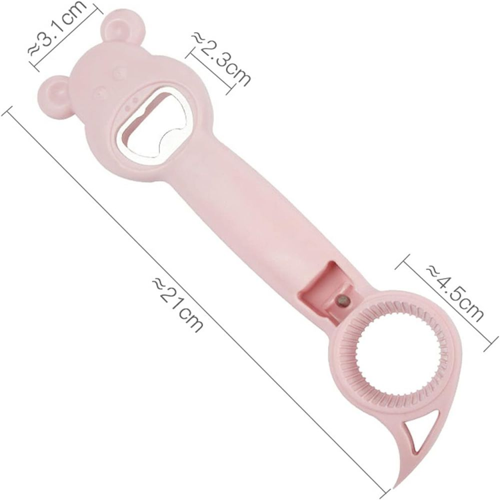 Ein rosa, bärenförmiger Flaschenöffner. Er hat einen Flaschenöffner, einen Dosenöffner und einen Griff mit angegebenen Abmessungen. Der Hintergrund ist weiß.