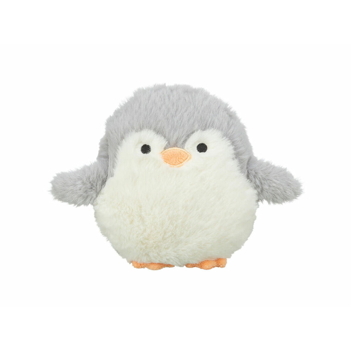 Un giocattolo a forma di pinguino di peluche con testa e ali grigie, pancia bianca, becco e piedi arancioni e occhi neri, su sfondo bianco.
