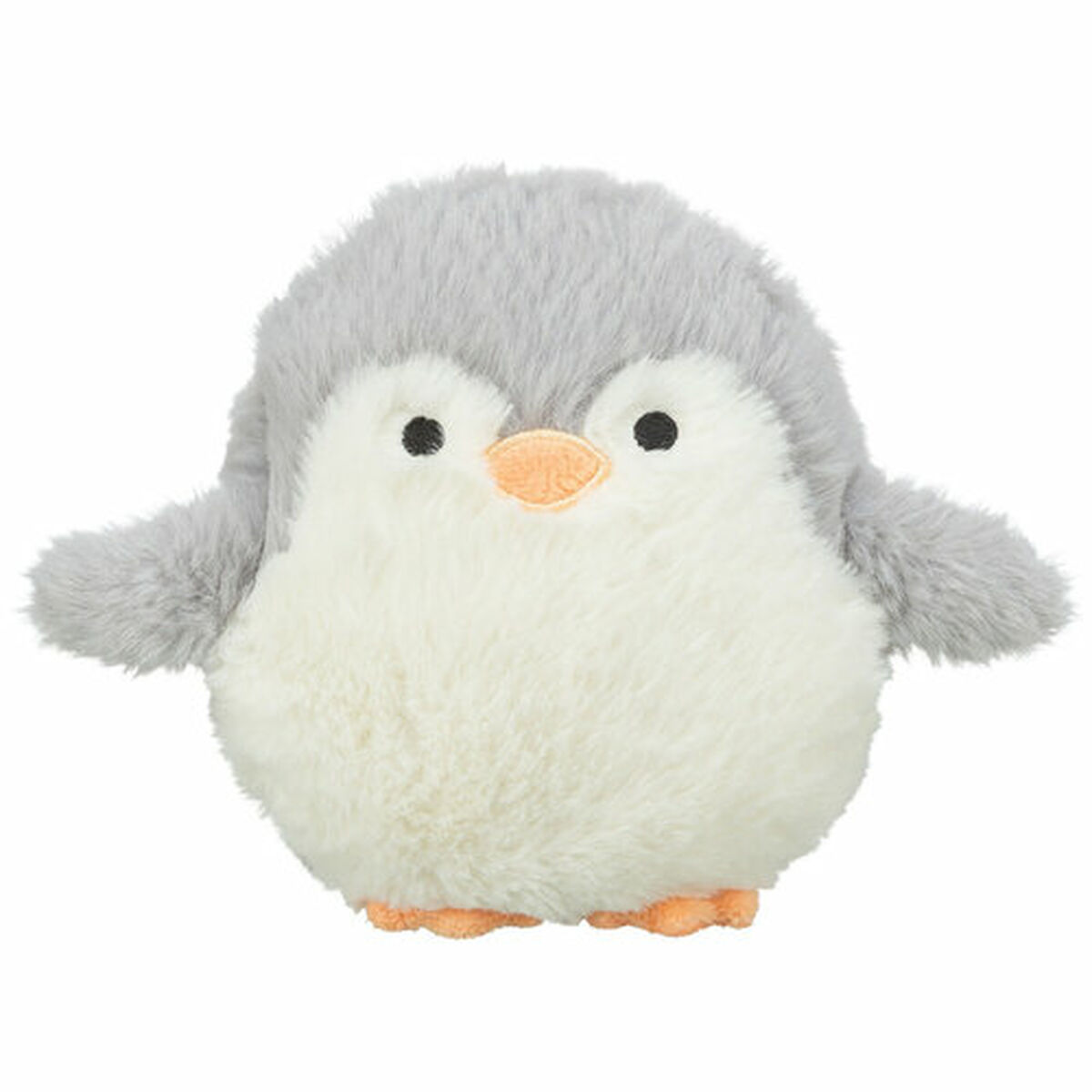 Un giocattolo a forma di pinguino di peluche con testa e ali grigie, corpo bianco, occhi neri e becco e piedi arancioni, su sfondo bianco.