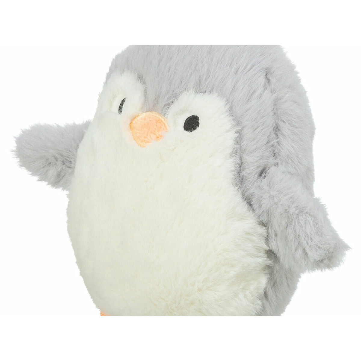 Un giocattolo a forma di pinguino di peluche con pancia bianca, corpo e ali grigie. Ha un becco color pesca e occhi neri su sfondo bianco.