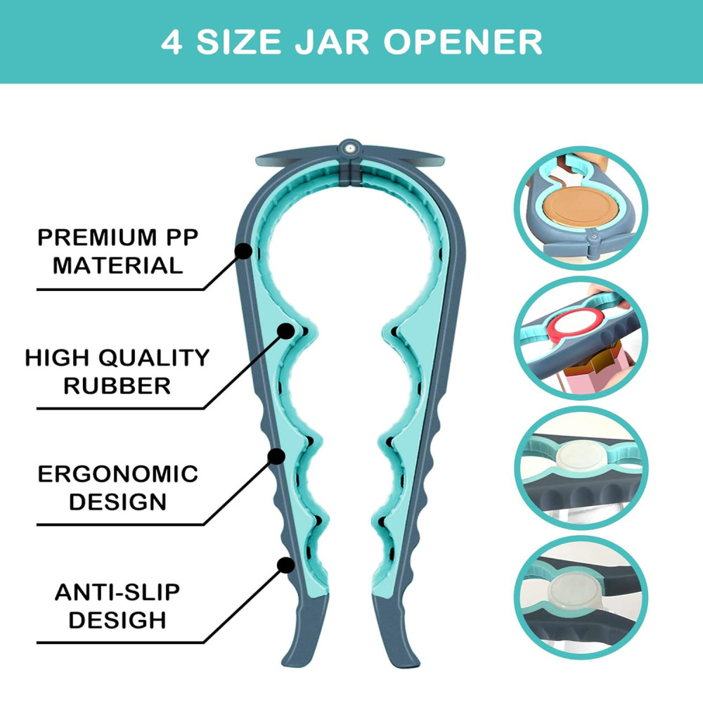 Ein teal- und grau-farbener Gläseröffner mit einem Design für vier Größen. Er hat Etiketten für Premium-Material, hochwertigen Gummi, ergonomisches Design und Anti-Rutsch.