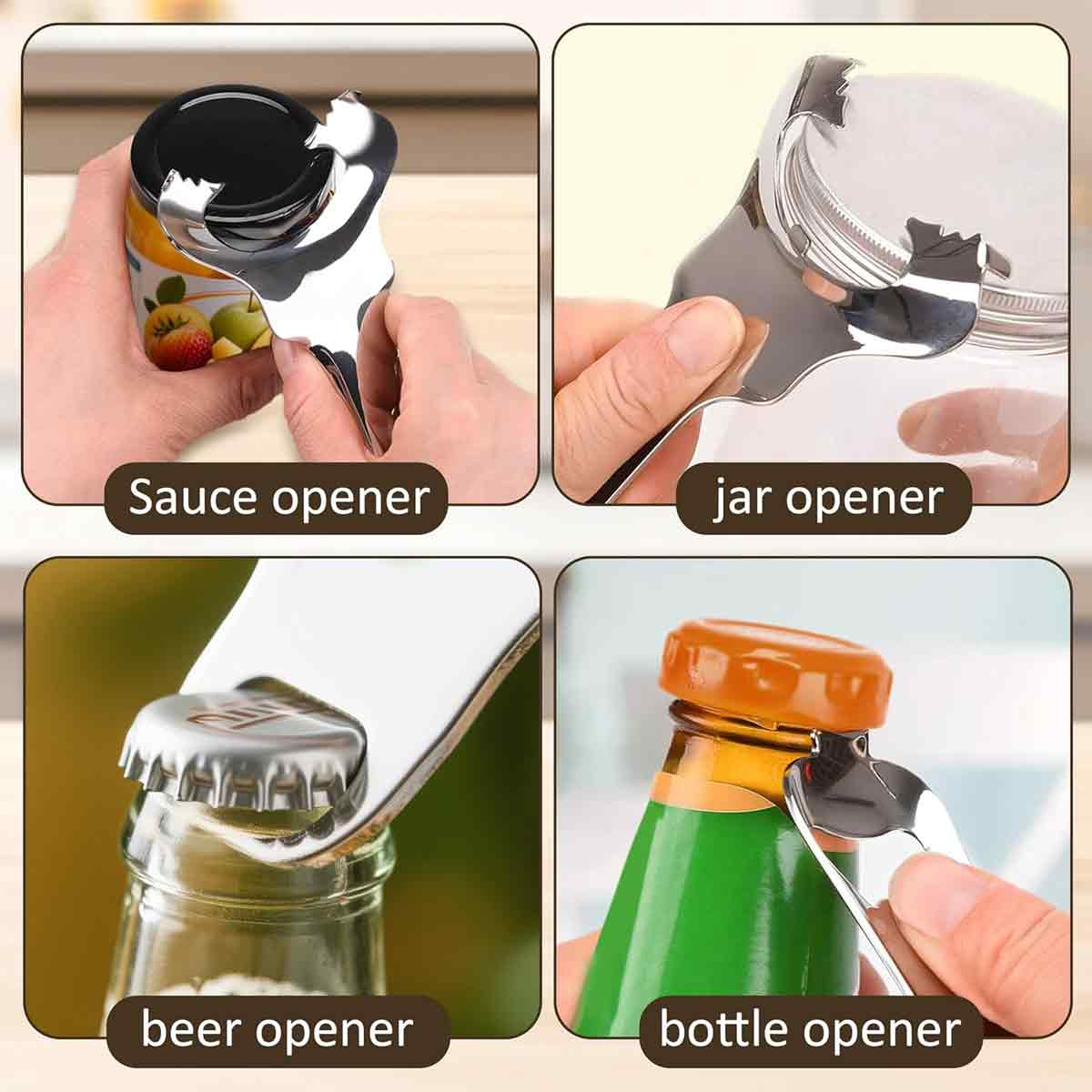 Das Bild zeigt verschiedene Öffner: Soße, Glas, Bier und Flasche. Jeder Öffner wird auf dem jeweiligen Behälter verwendet. Hände halten jeden Öffner.