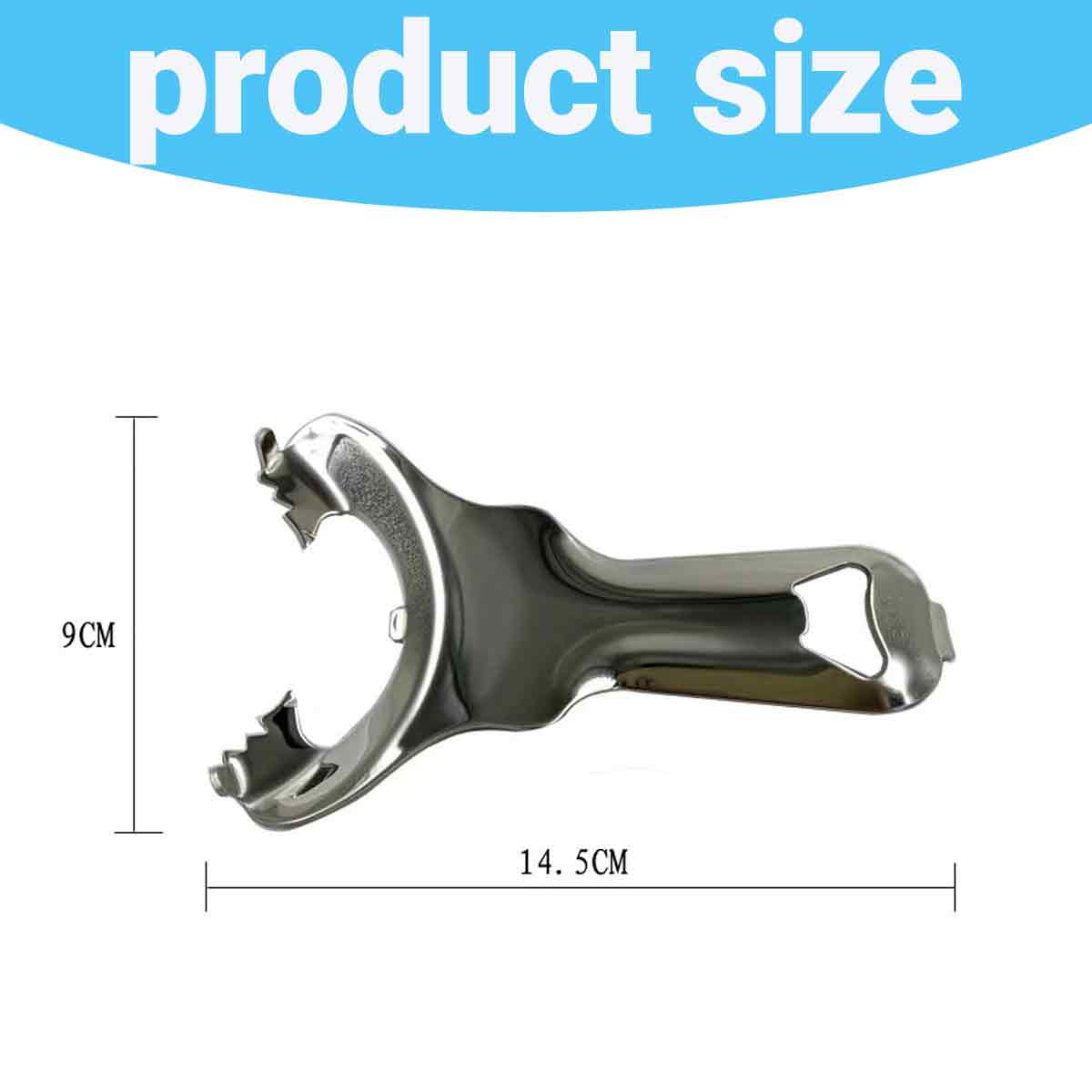 Ein Metallwerkzeug mit Flaschenöffner und gebogenem Griff. Maße: 9cm und 14,5cm. Text Produktgröße steht oben.