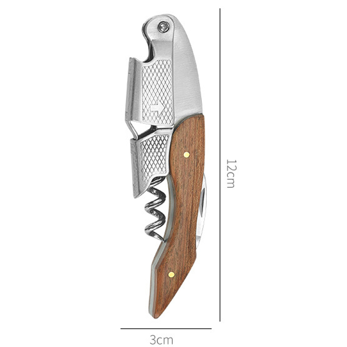 Ein Weinöffner mit Holzgriff, Korkenzieher aus Metall und kleiner Klinge. Er ist 12 cm lang und 3 cm breit.