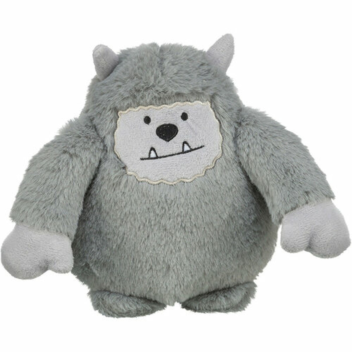 Un peluche mostro grigio con un viso bianco, occhi e naso neri e piccole corna. Ha braccia, mani e piedi.