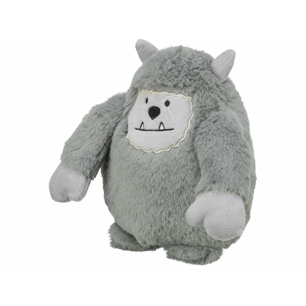 Un giocattolo mostro di peluche grigio con un viso bianco, occhi neri e una bocca. Ha piccole orecchie e mani e piedi grigi.
