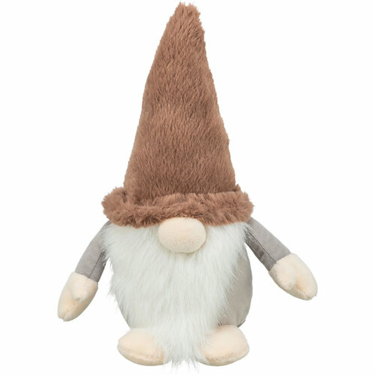 Uno gnomo di peluche con cappello e barba marroni, braccia grigie e naso e piedi beige, su sfondo bianco.