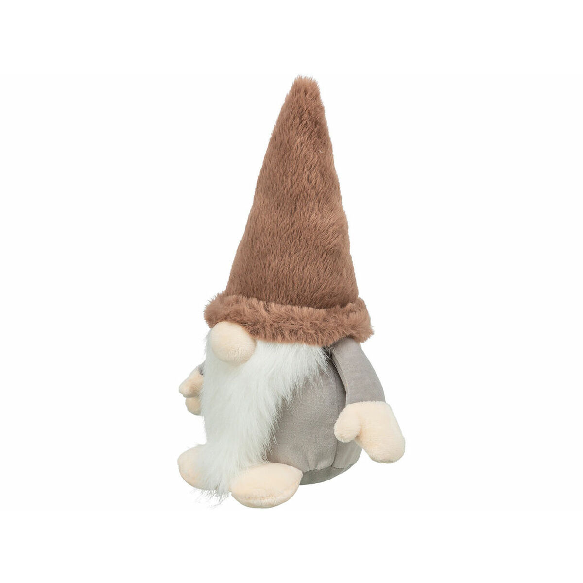 Uno gnomo di peluche con cappello marrone, barba bianca, corpo grigio e mani e piedi beige, su sfondo bianco.