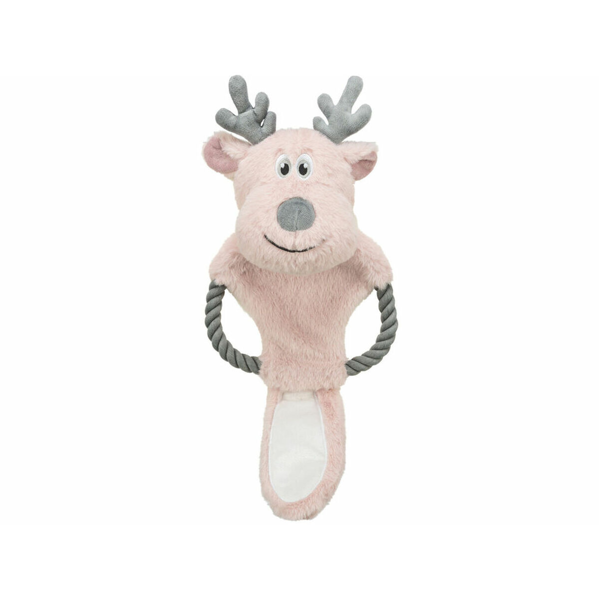 Un giocattolo a forma di renna rosa di peluche con corna grigie e manici in corda. Ha una faccia sorridente e una macchia bianca sul fondo.