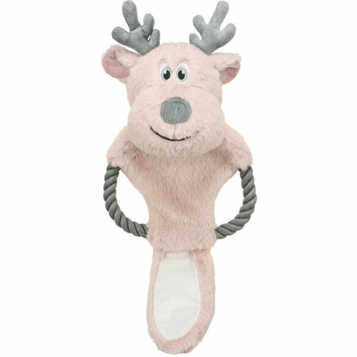 Un giocattolo a forma di renna di peluche rosa con corna grigie, naso e manici in corda. Ha una toppa bianca in basso e una faccia sorridente.
