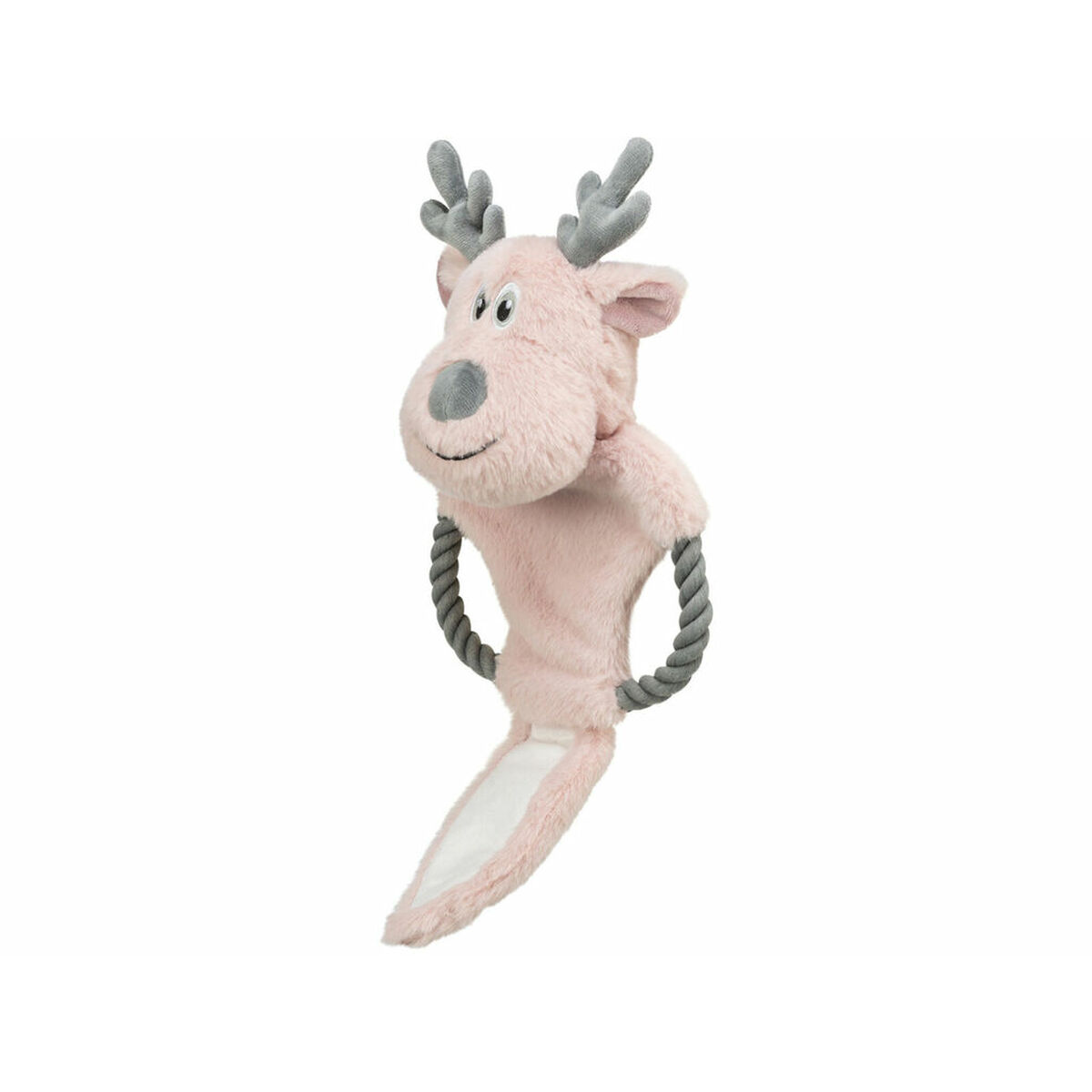 Un giocattolo di peluche a forma di renna rosa con corna grigie e un anello di corda. Ha un viso sorridente e una lunga coda foderata di bianco.