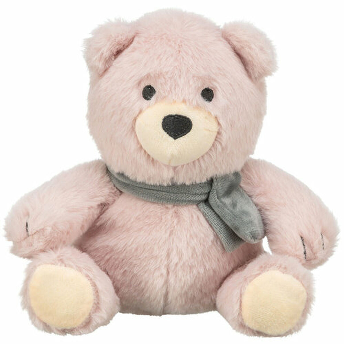 Un orsacchiotto rosa con una sciarpa grigia. Ha occhi neri e muso beige. Lo sfondo è bianco.
