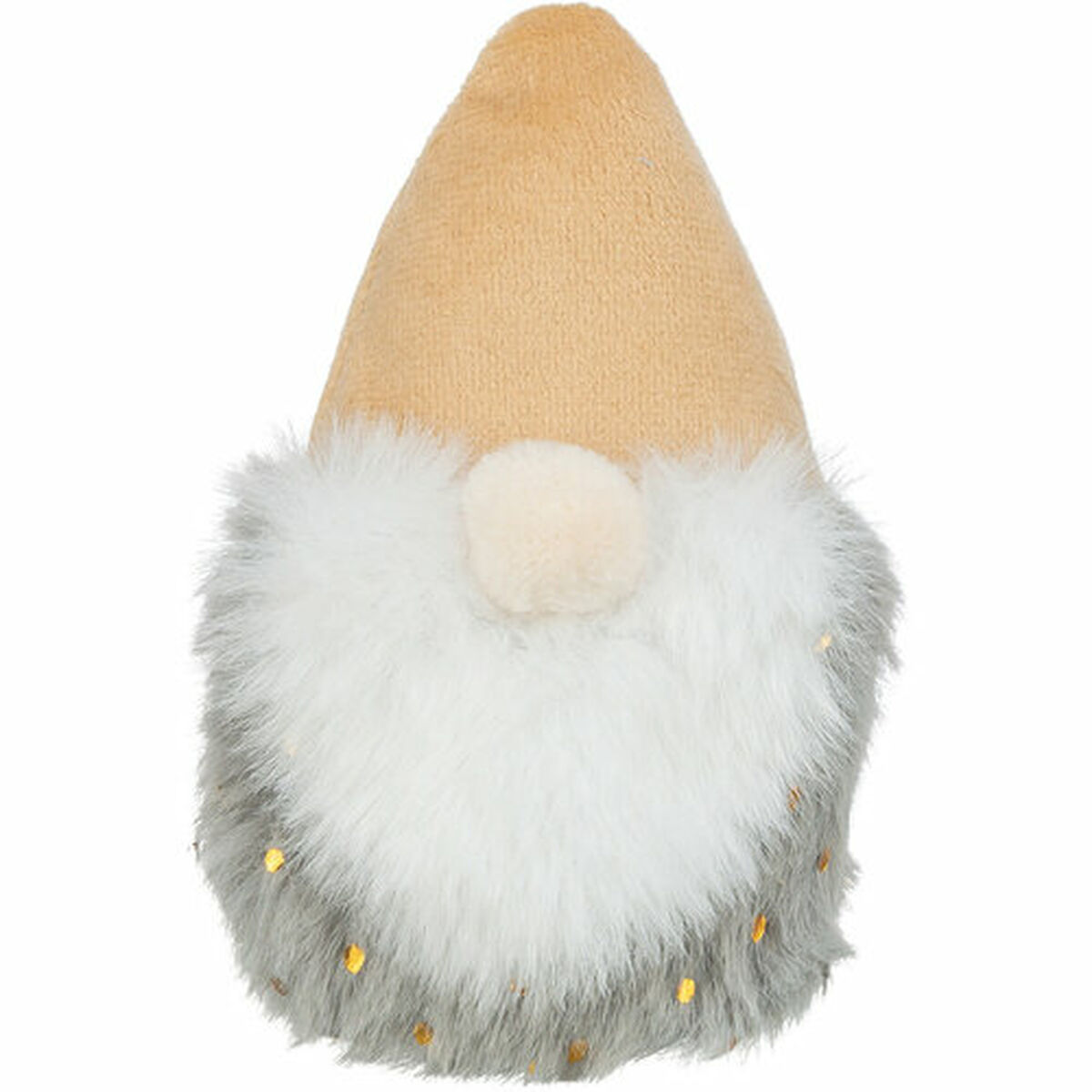 Una testa di gnomo decorativa con cappello beige, barba bianca e parte inferiore grigia. Scintille dorate sparse sulla barba.
