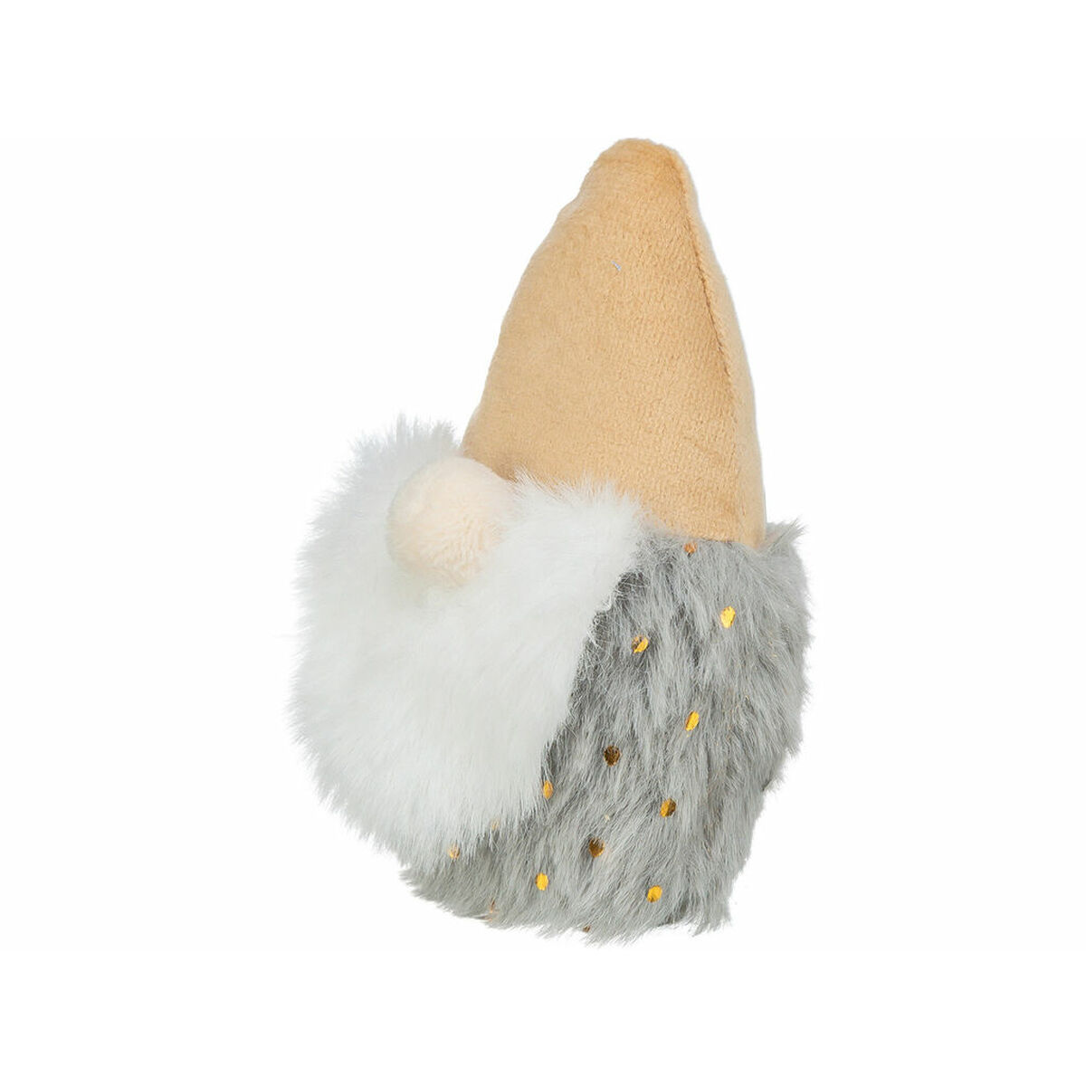 Uno gnomo decorativo con cappello beige, barba bianca e pelliccia grigia con brillantini dorati. Su sfondo bianco.