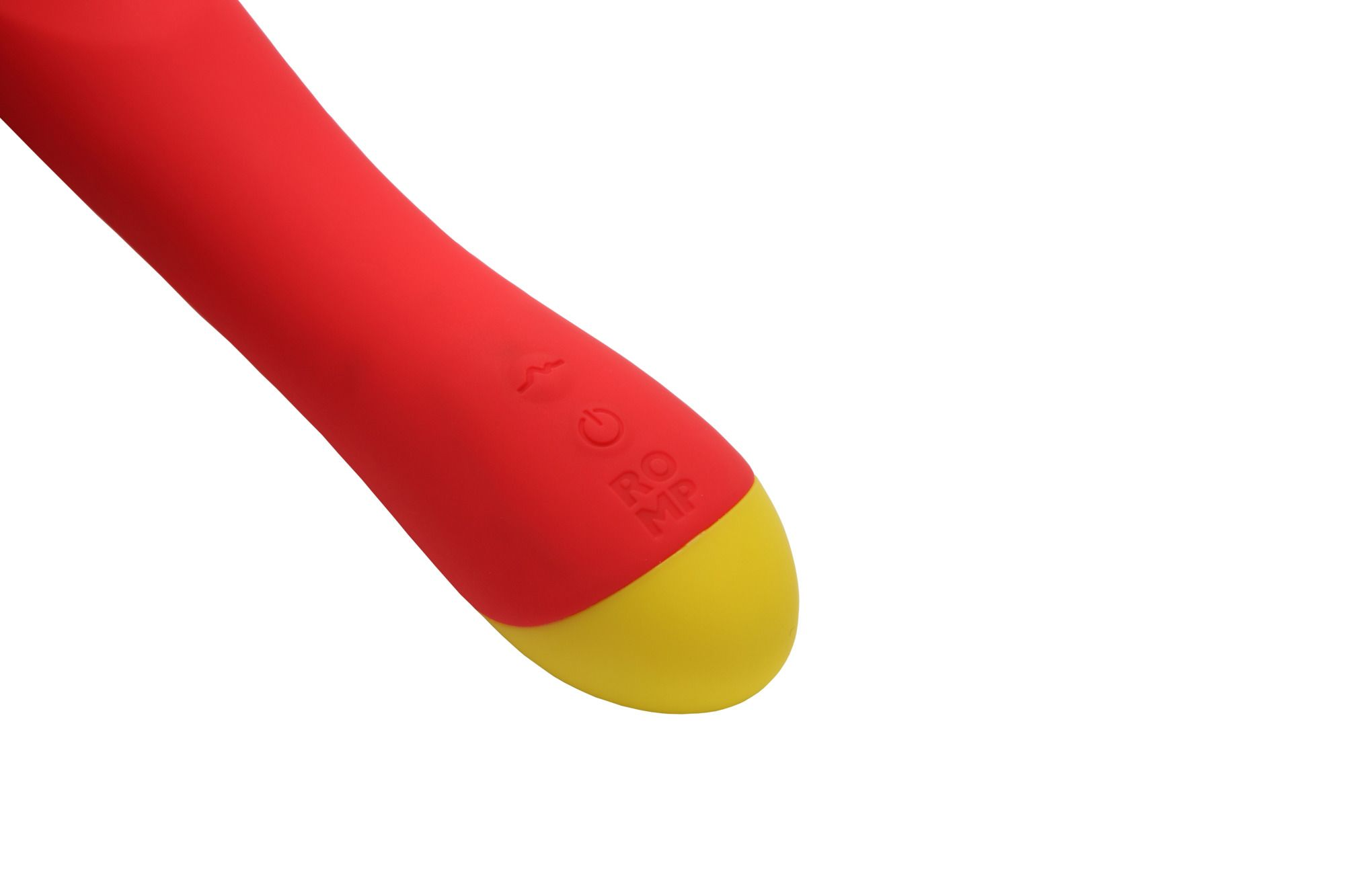 Czerwona i żółta zabawka erotyczna z napisem ROMP. Tło jest białe.