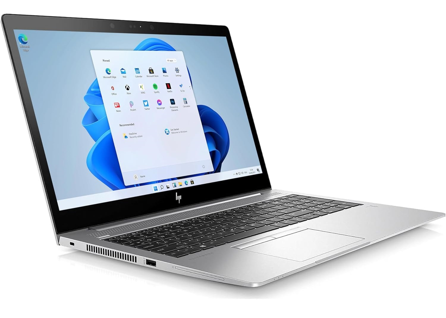 Silberner Laptop, der einen Windows-Desktop mit App-Symbolen anzeigt. Der Bildschirm zeigt einen blauen, abstrakten Hintergrund.