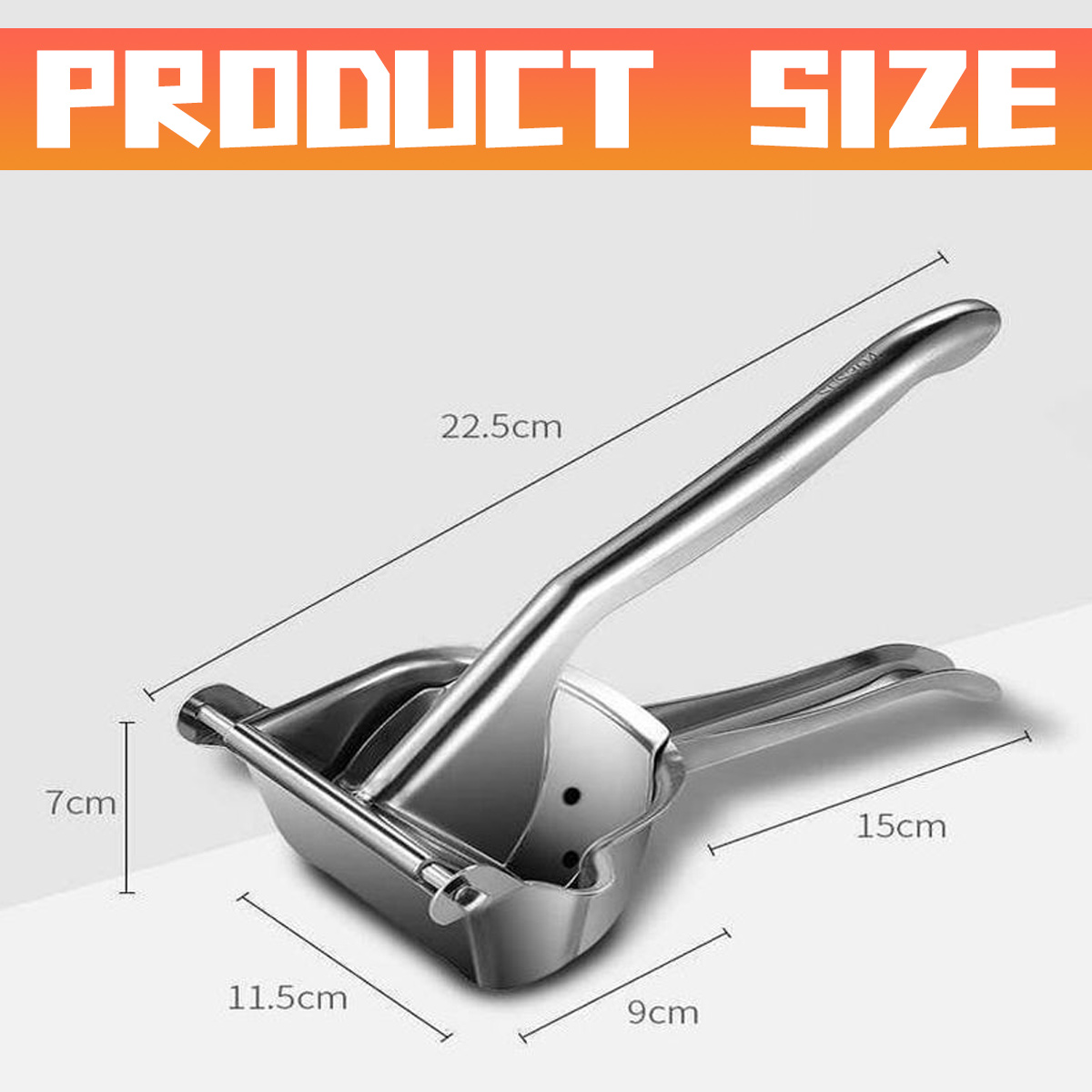 Eine Zitronenpresse aus Metall mit den angegebenen Maßen: 22,5 cm, 7 cm, 11,5 cm, 9 cm und 15 cm. Der Text "PRODUCT SIZE" steht oben.