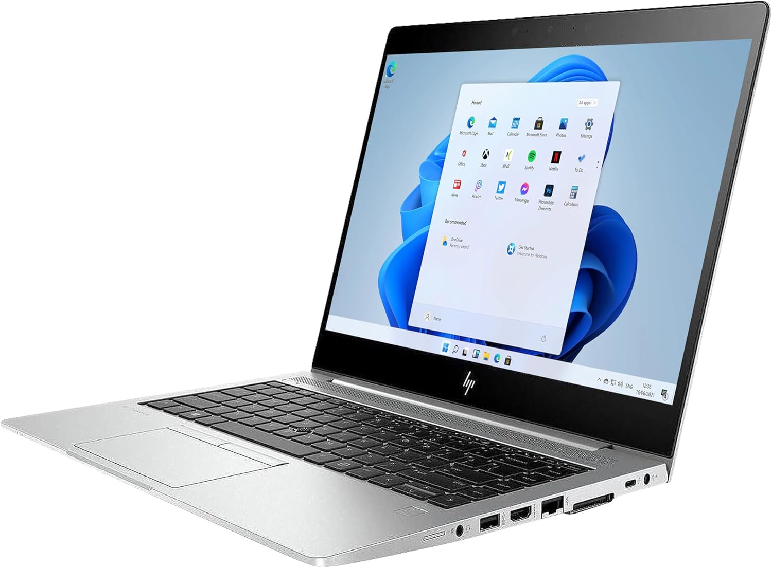 Ein silbernes HP-Laptop ist geöffnet. Der Bildschirm zeigt die Windows 11-Oberfläche mit App-Symbolen.