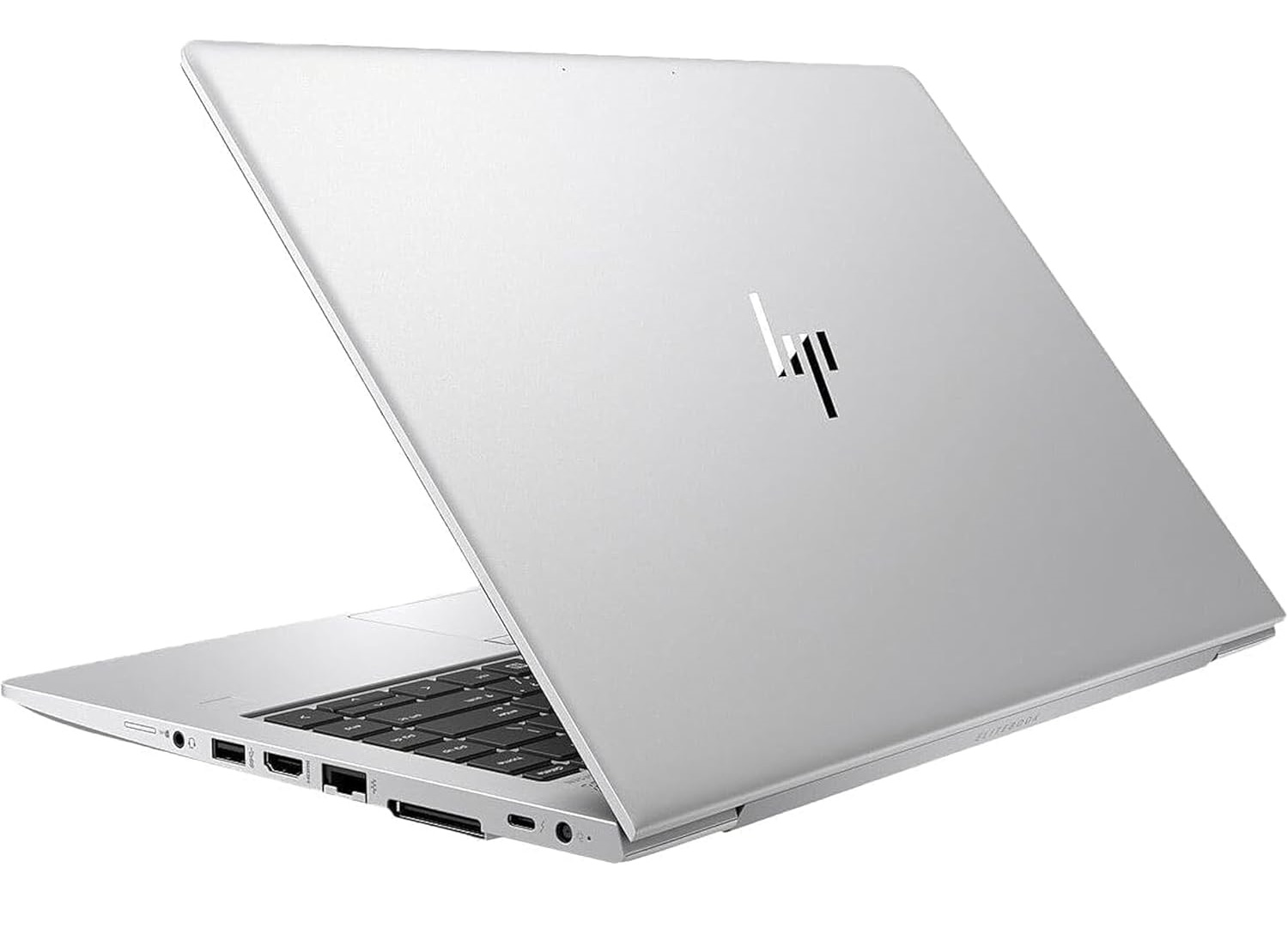 Silberner HP-Laptop, teilweise geöffnet. Der Bildschirm zeigt das HP-Logo in Schwarz. Tastatur und Anschlüsse sind sichtbar.
