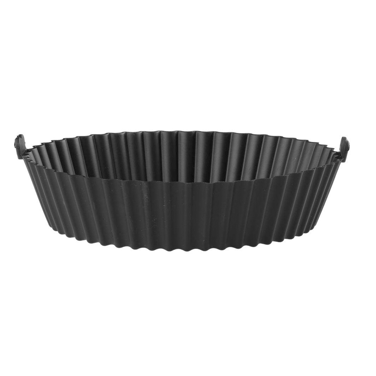 Eine schwarze, geriffelte Silikon-Backform mit Griffen. Sie ist oval und liegt vor einem schlichten weißen Hintergrund.