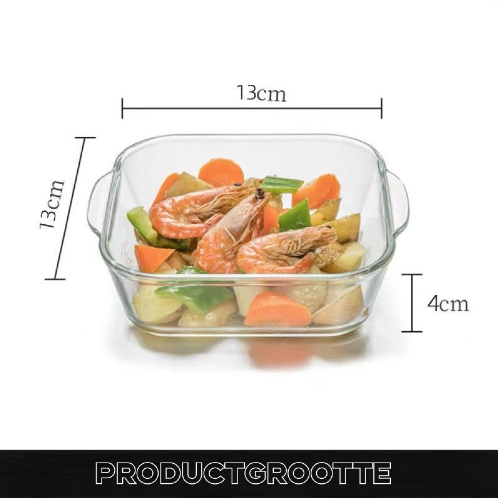 Eine Glasschale mit Garnelen, Gemüse und Kartoffeln, Maße beschriftet. Text unten: 'PRODUCTGROOTTE'.