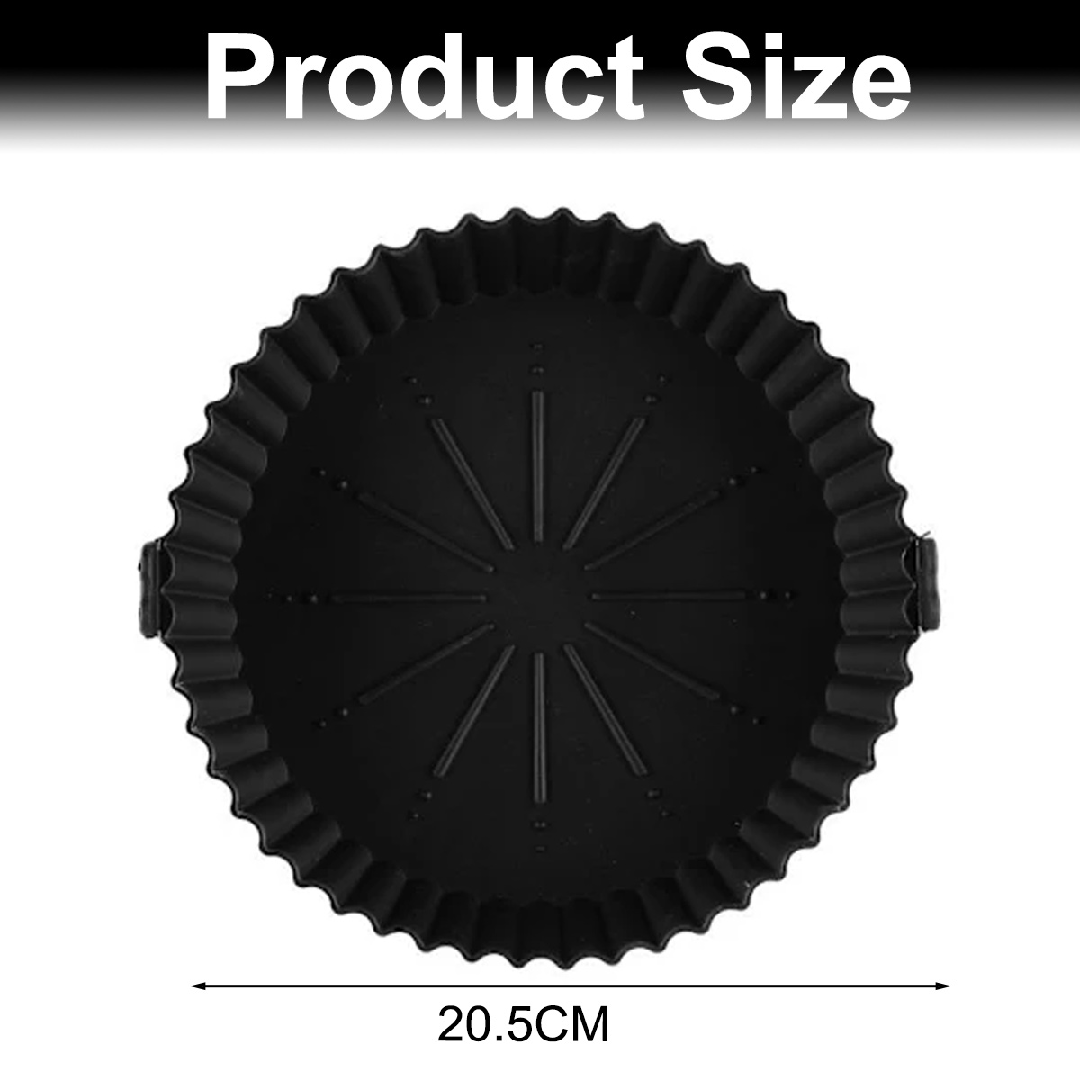 Eine schwarze, runde Backform mit gewelltem Rand. Sie hat ein sternförmiges Muster in der Mitte und ist mit 'Produktgröße' und einem Durchmesser von 20,5 cm beschriftet.