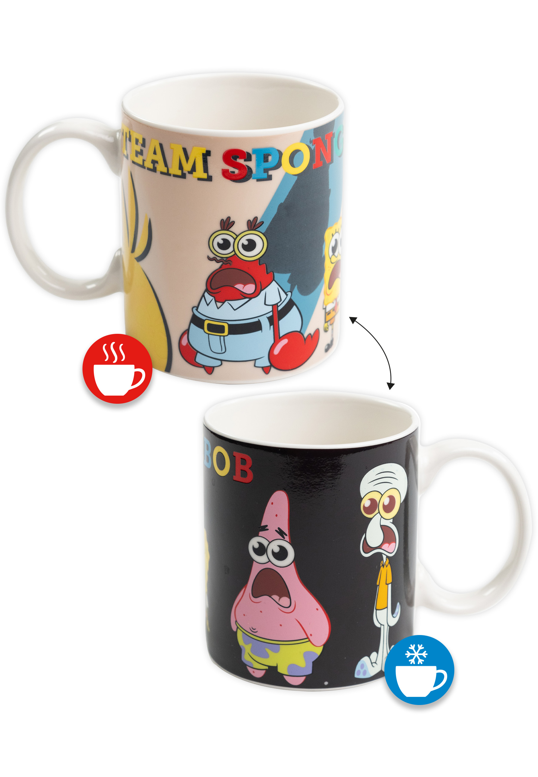 Ein SpongeBob-Becher. Oben ist Mr. Krabs, unten Patrick und Thaddäus. Der Becher ändert sich mit der Temperatur.