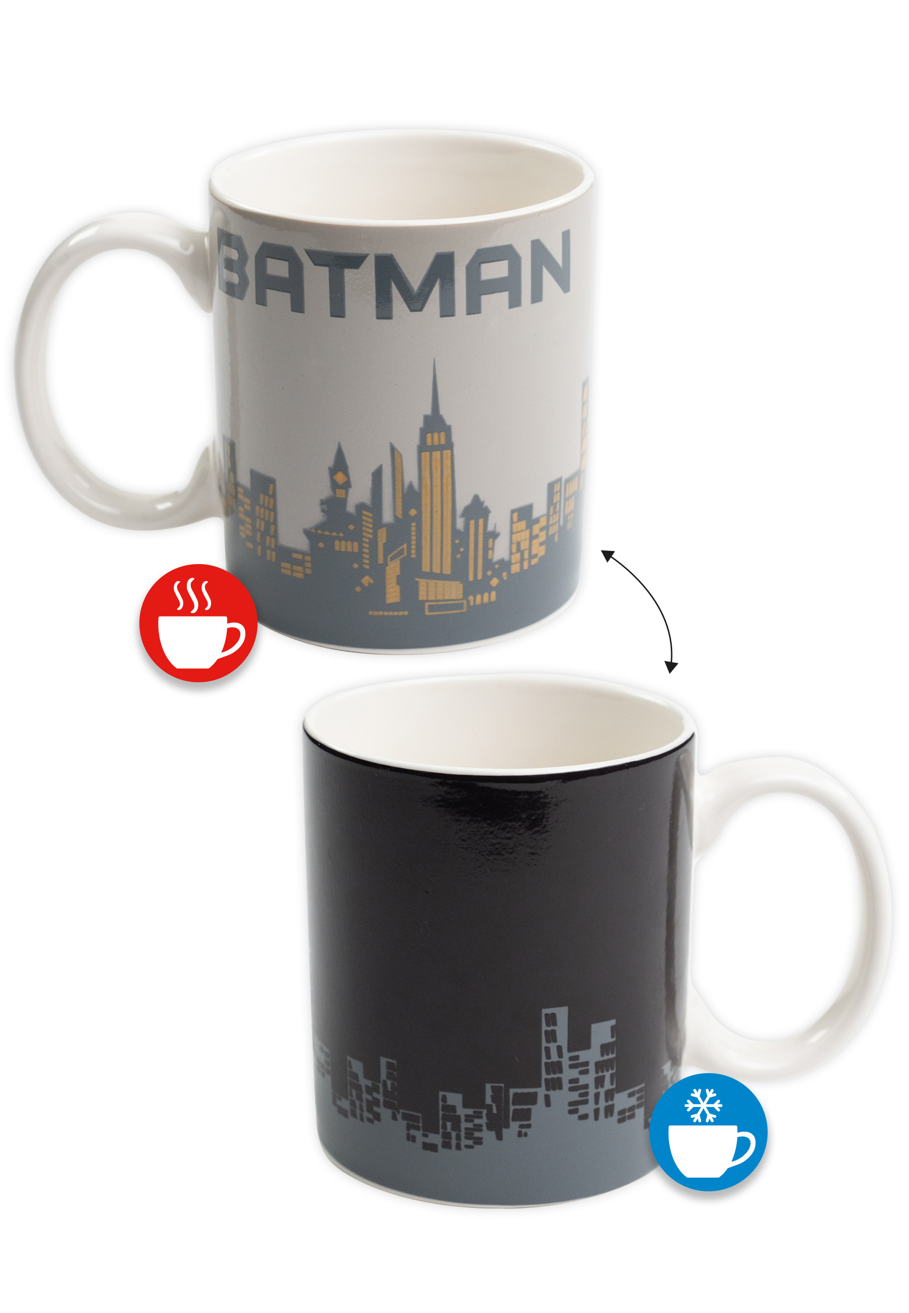 Batman-Tasse. Grau mit Skyline, wechselt bei Kälte zu Schwarz. Heißes Tassen-Symbol, kaltes Tassen-Symbol.
