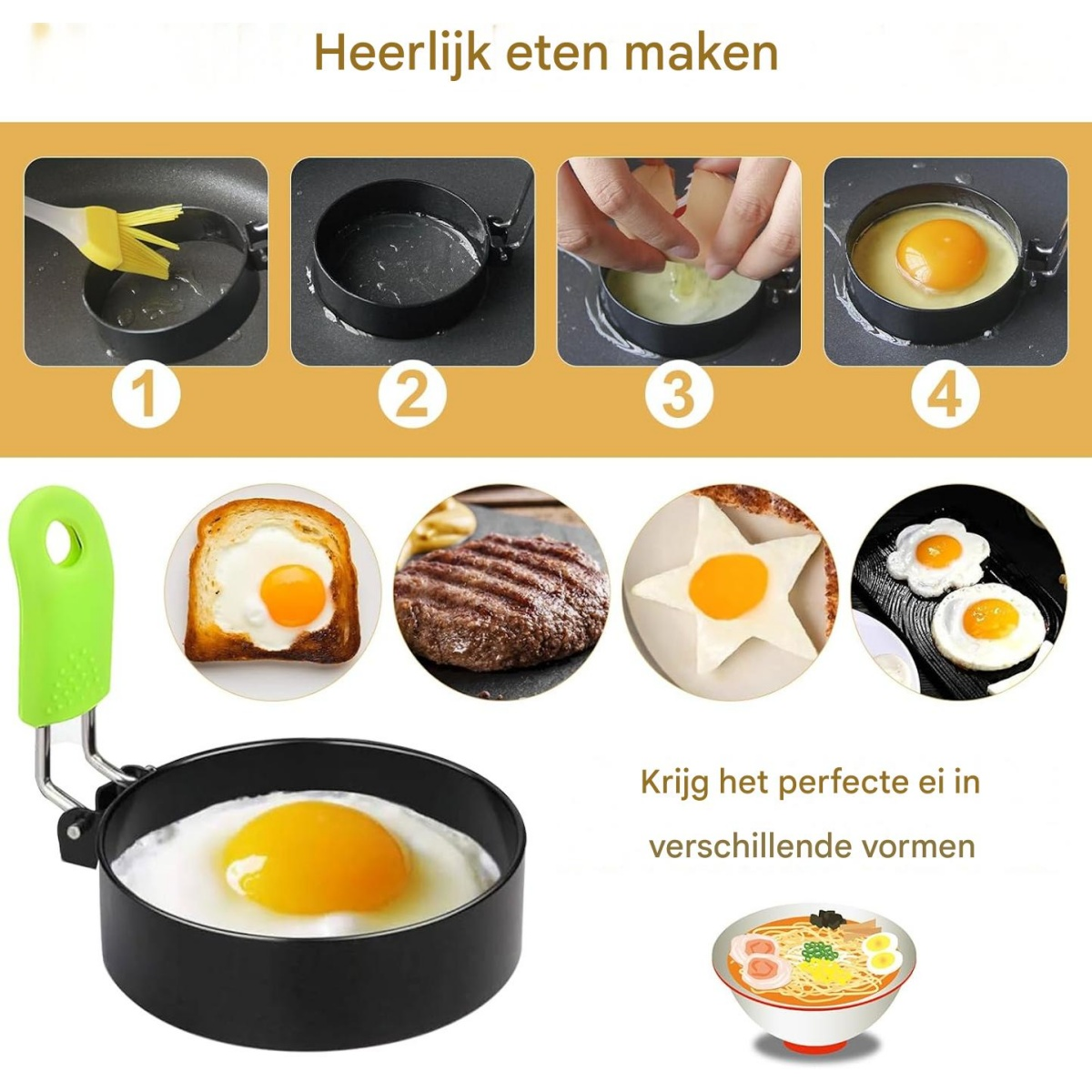 Das Bild zeigt Schritte zur Zubereitung von Spiegeleiern mit einem Kochring. Verschiedene Eierformen, Toast, Burger und Ramen.