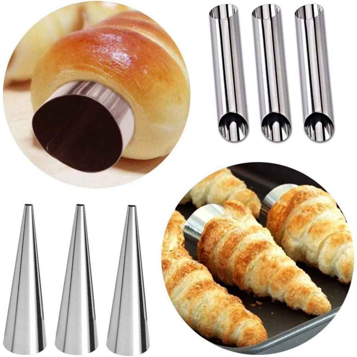 Das Bild zeigt Backwerkzeuge: Croissantformen, Edelstahlkegel und gebackene Croissants auf einem Tablett.