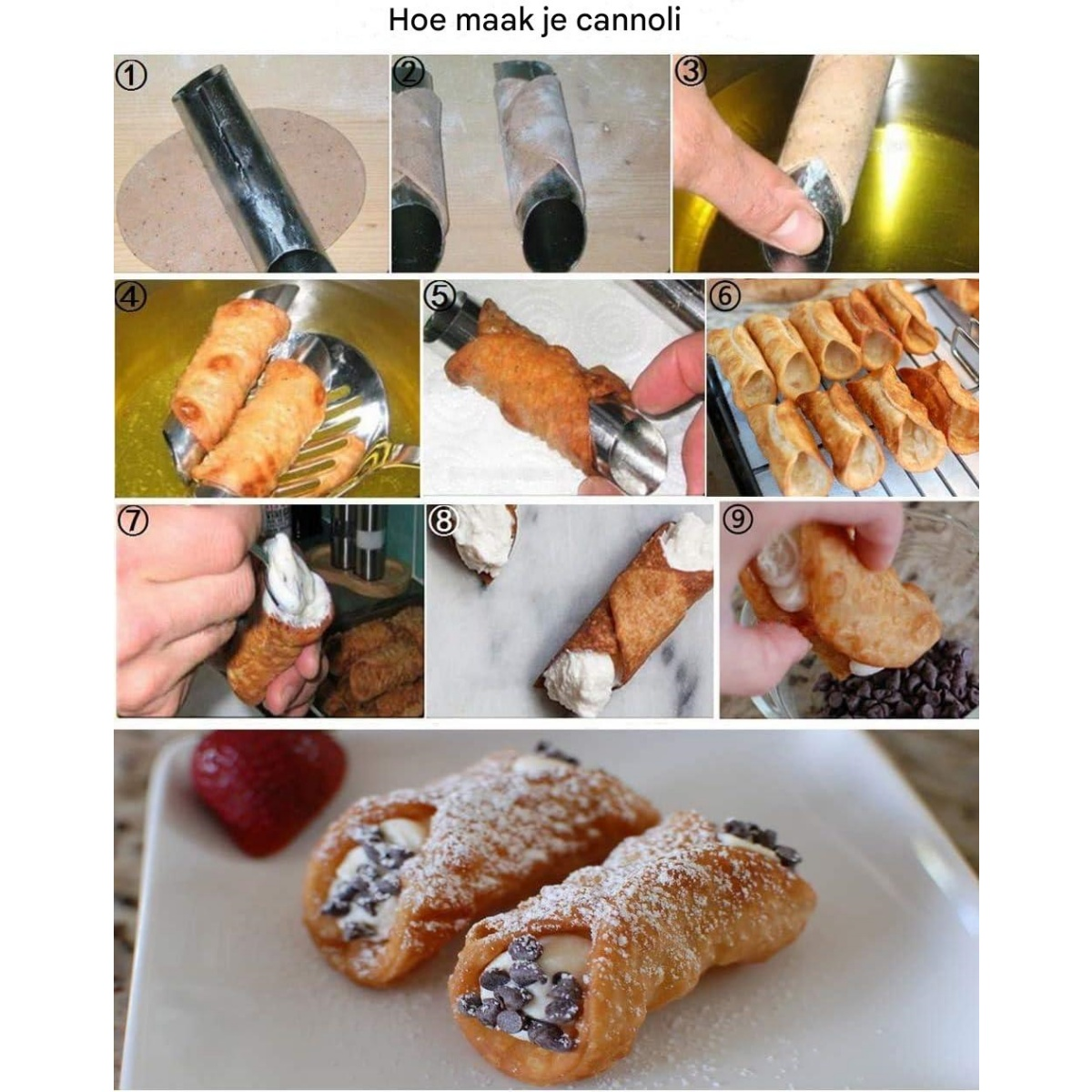 Schritte zur Herstellung von Cannoli: Wickeln, Braten, Füllen mit Sahne und Hinzufügen von Schokoladenstückchen. Endbild zeigt zwei fertige Cannoli.