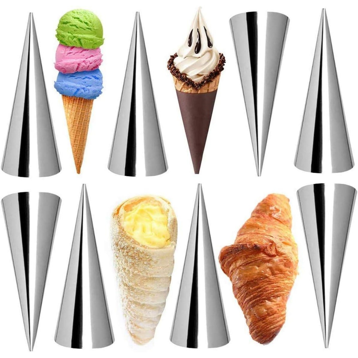 Das Bild zeigt Eiswaffeln, eine gefüllte Teigwaren-Kegel, ein Croissant und mehrere Metallkegelformen. Das Eis hat drei Kugeln.