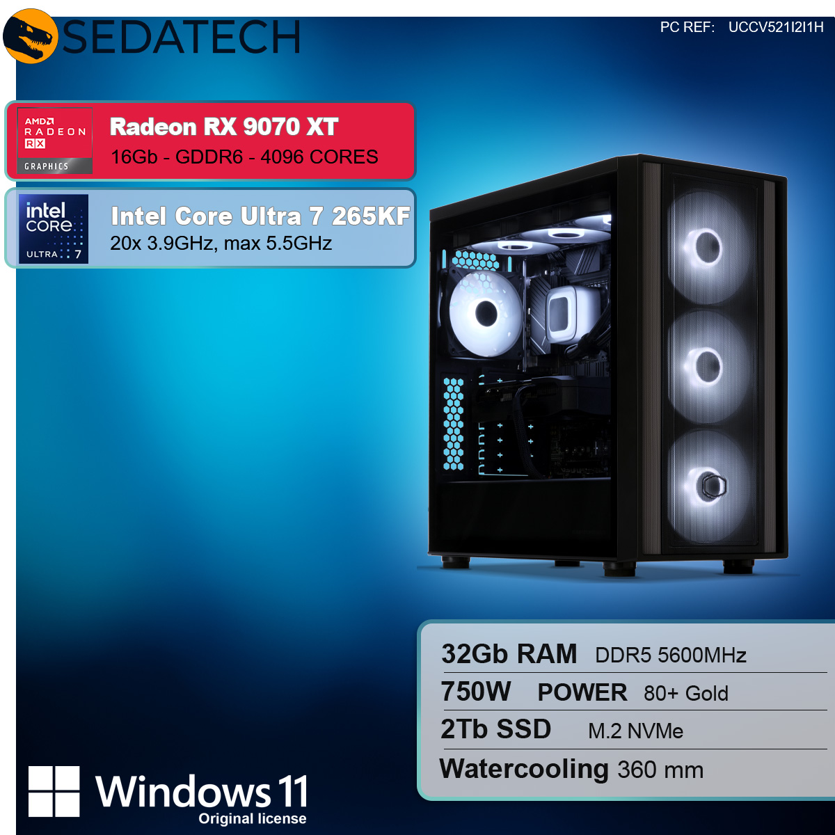 Wieża komputera ze szklanym panelem bocznym. Zawiera Radeon RX 9070 XT, Intel Core Ultra 7, 32 GB RAM, 2 TB SSD i chłodzenie wodne.