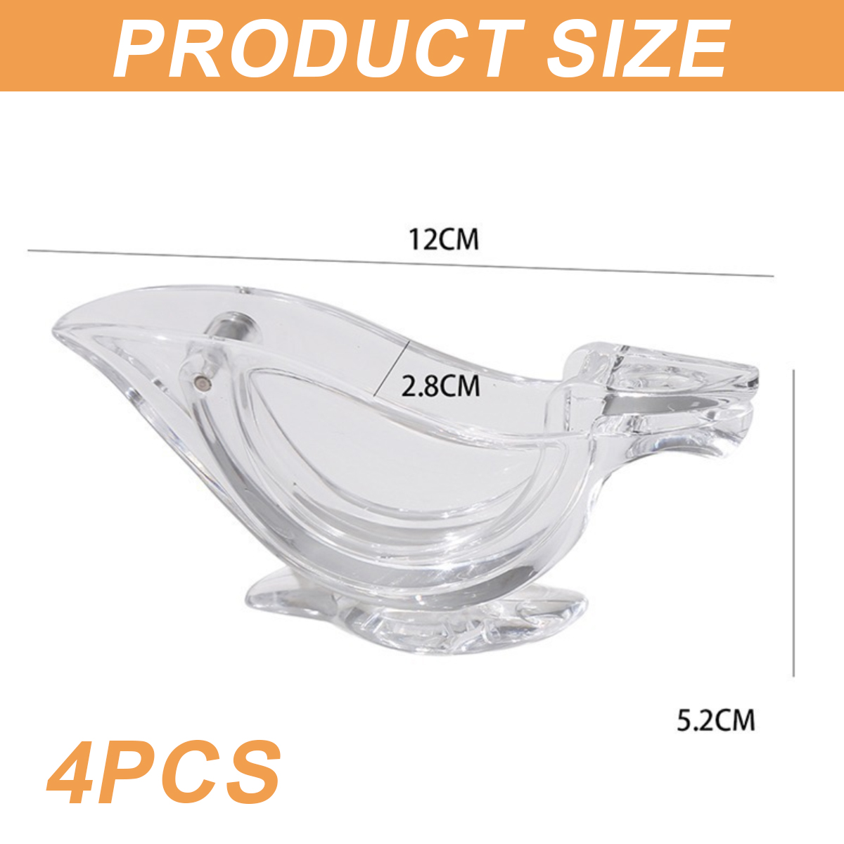 Transparente Soßenschiffchen aus Kunststoff mit Größenangaben: 12 cm, 2,8 cm und 5,2 cm. Text lautet 'PRODUCT SIZE' und '4PCS'.