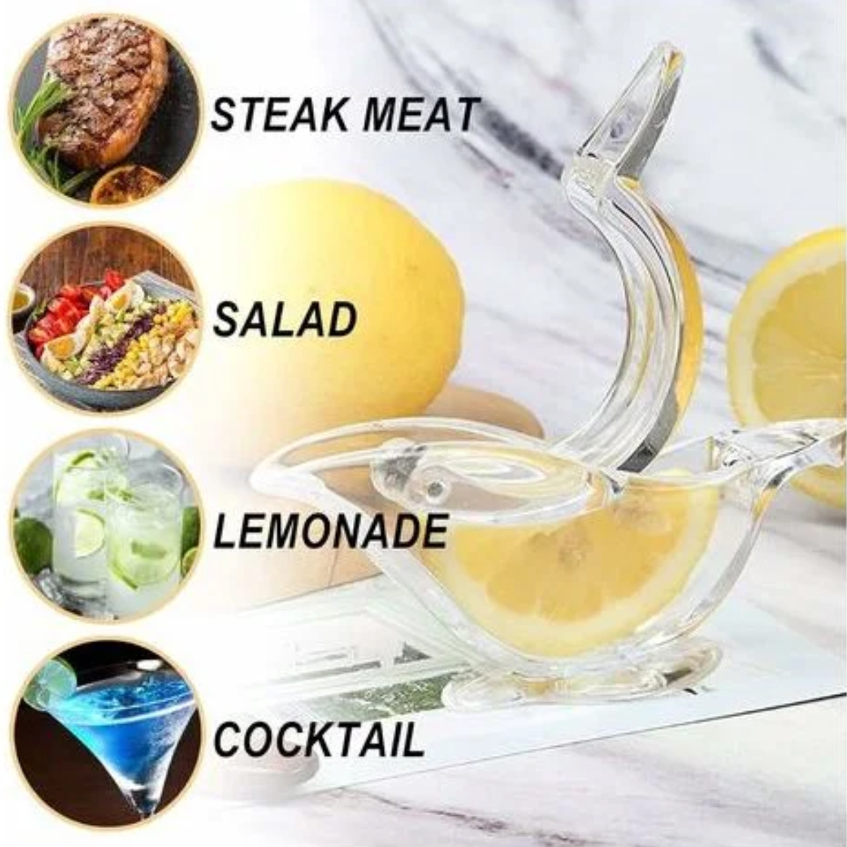 Eine Zitronenpresse mit Zitronenhälften. Links sind Bilder von Steak, Salat, Limonade und Cocktail.