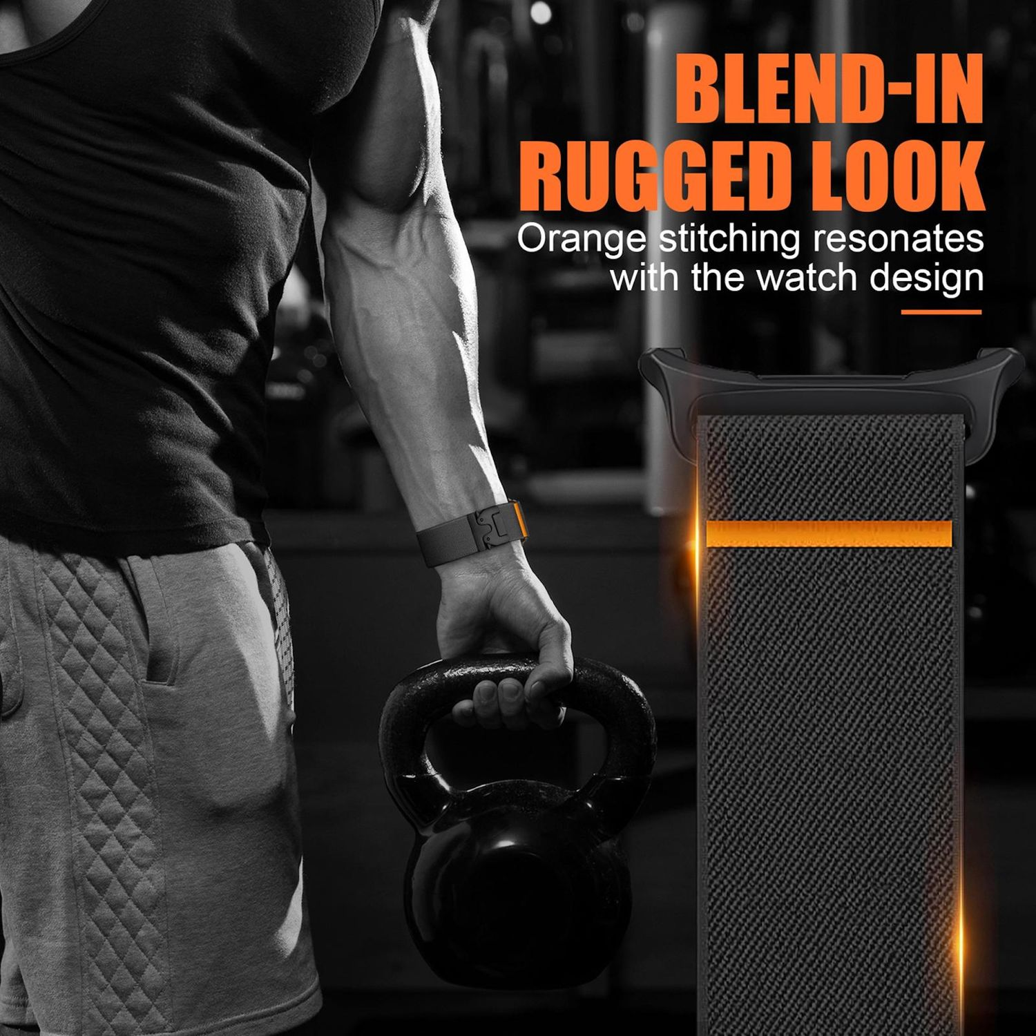 Uomo che tiene un kettlebell nero e cinturino con dettagli arancioni. Il testo dice Blend-in Rugged Look.