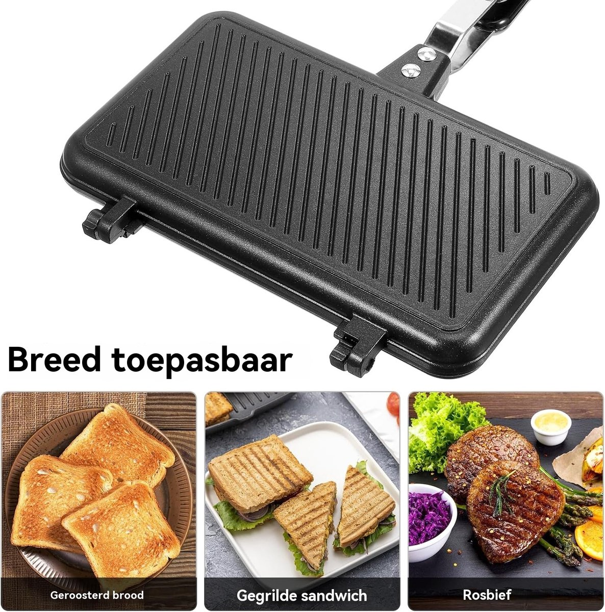 Ein schwarzer Sandwichmaker mit gegrilltem Brot, Sandwiches und Braten. Der Text lautet 'Breed toepasbaar'.