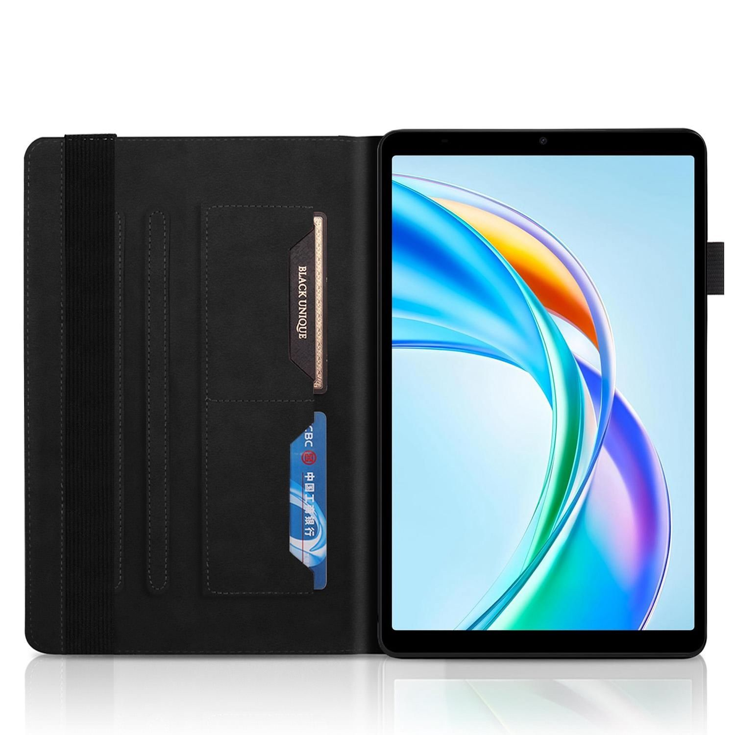 Schwarzes Tablet in einer schwarzen Hülle. Eine Kreditkarte und eine weitere Karte sind sichtbar. Der Tablet-Bildschirm zeigt ein farbenfrohes Bild.
